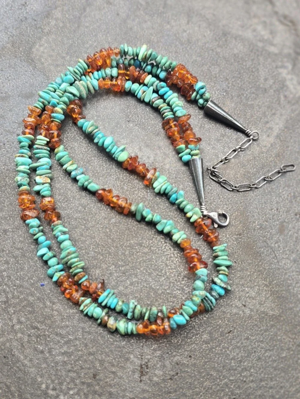 Southwestern double strand turquoise and amber 925 sterling silver necklace